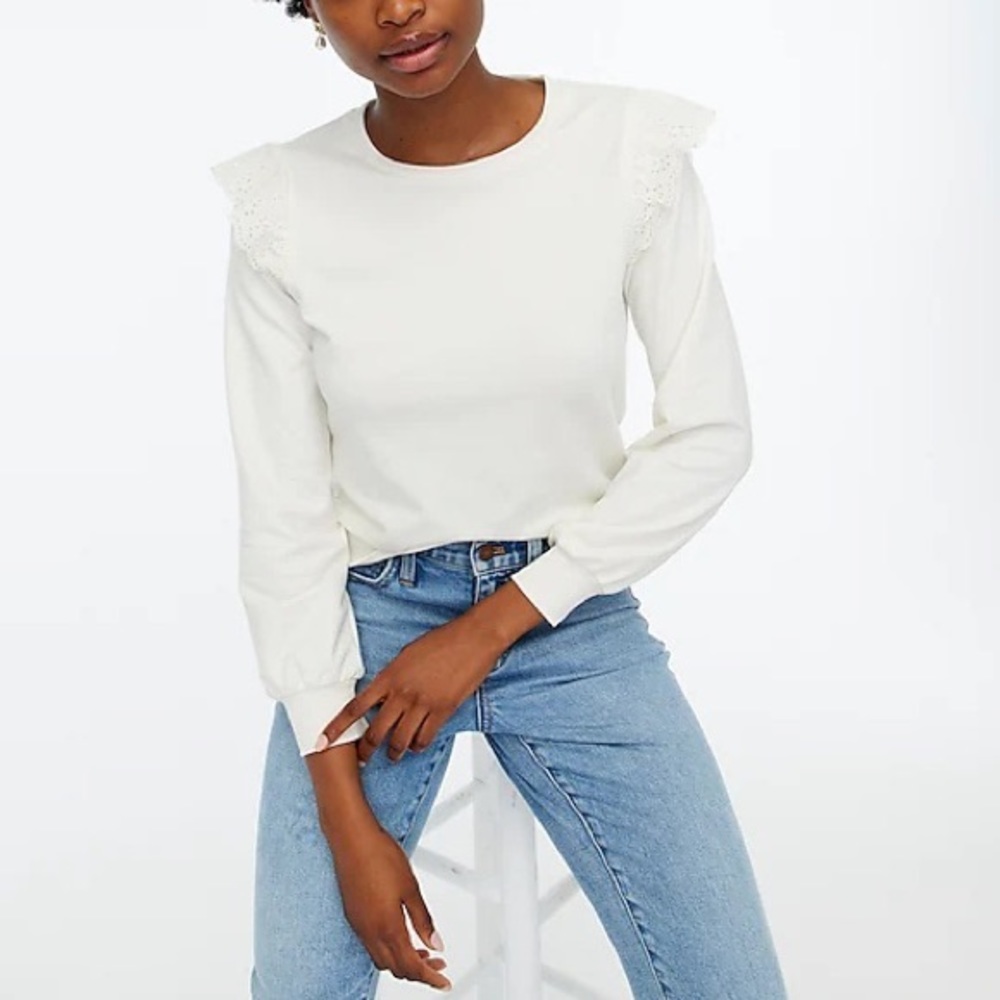 New J Crew Factory white eyelet ruffle sweatshirt size M